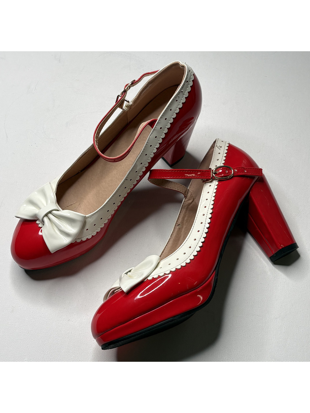 Vintage Red Patent White Trim Bow Mary Jane Heels